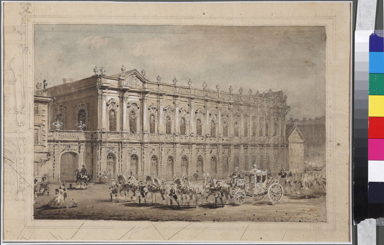 Muzeum Powozów Dworskich (Muzeum Stajni) w Petersburgu, autorstwa Sadovnikova, Wasilija Siemionowicza (1800-1879). Akwarela na papierze autorstwa Vasili Semenovich Sadovnikov