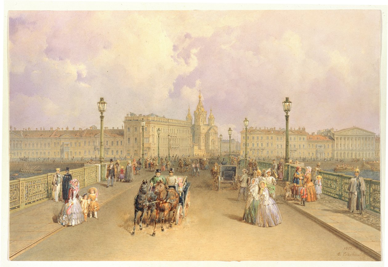 Widok na most Blagoveshchensky w Sankt Petersburgu, 1851 autorstwa Vasili Semenovich Sadovnikov