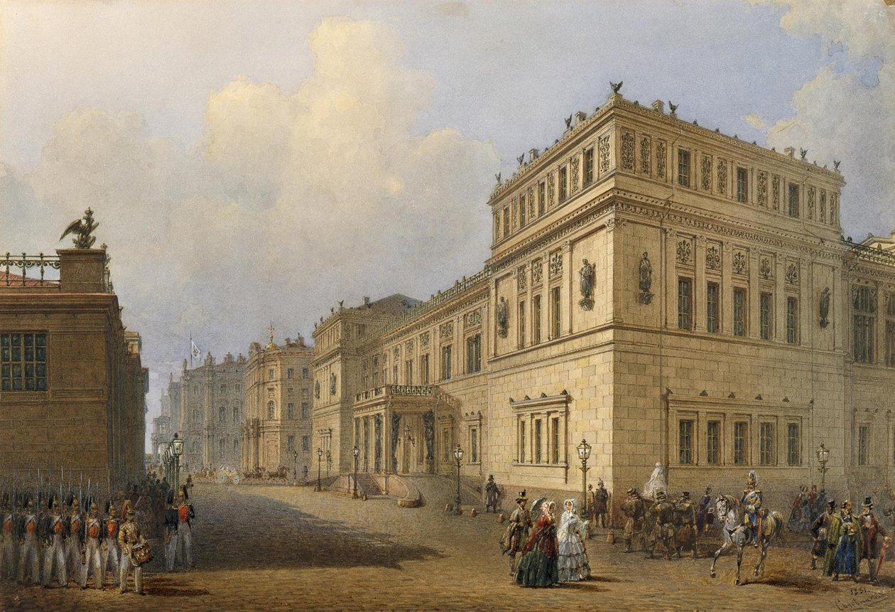 Widok nowej Ermitażu przez Millionnaya Street, 1851 autorstwa Vasili Semenovich Sadovnikov