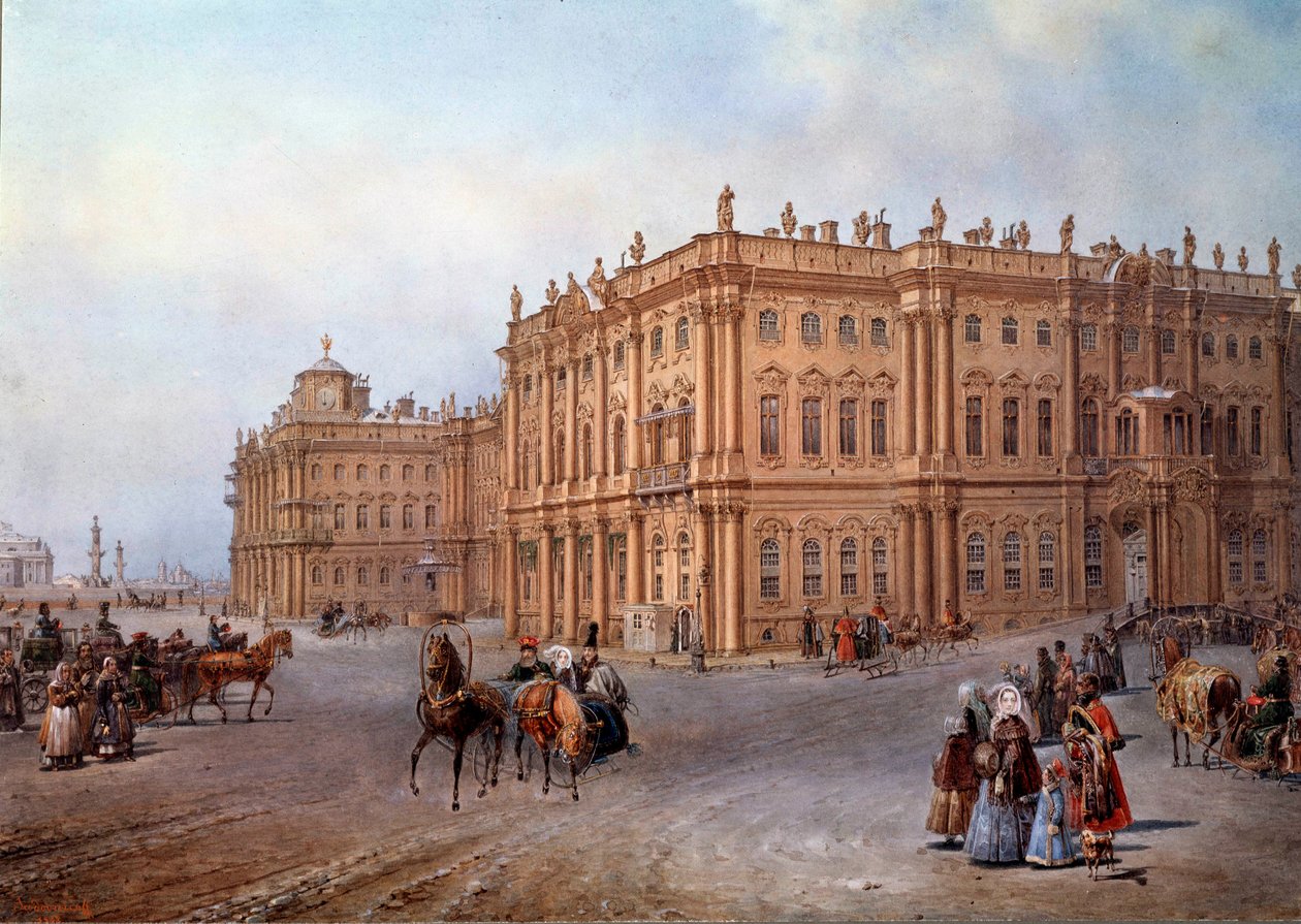 Widok Pałacu Zimowego w Sankt Petersburgu w 1843 r. Litografia Wasilija Sodownikofa (lub Sadownikowa autorstwa Vasili Semenovich Sadovnikov