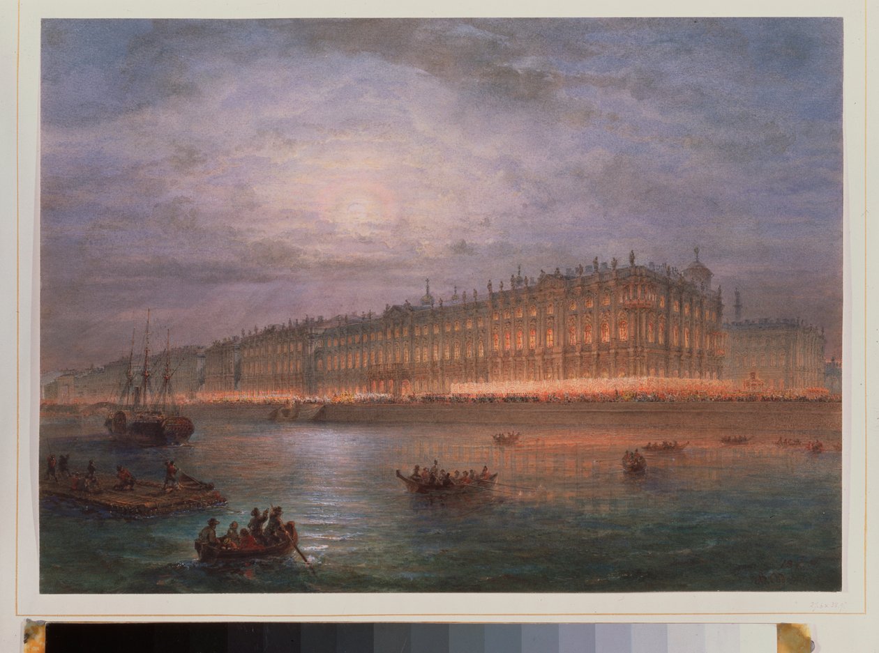 Widok na Pałac Zimowy w nocy (Sankt Petersburg). Praca Wasilija Siemionowicza Sadovnikova (1800-1879), akwarela na papierze. XIX-wieczna sztuka rosyjska. Państwowej Ermitażu w Sankt Petersburgu. autorstwa Vasili Semenovich Sadovnikov