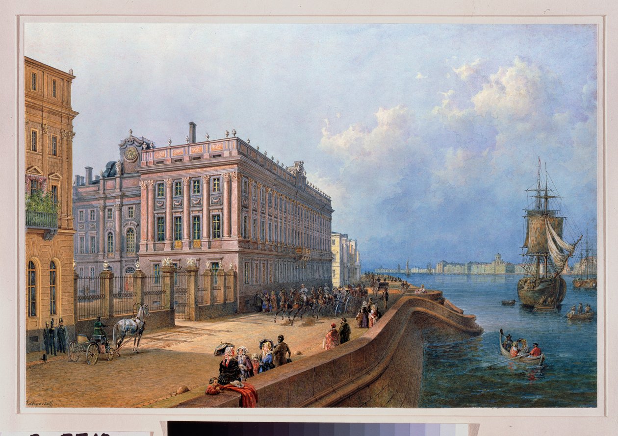 Widok na nabrzeże Newy i Marmurowy Pałac w Sankt Petersburgu. Praca Wasilija Siemionowicza Sadovnikova (1800-1879), akwarela na papierze autorstwa Vasili Semenovich Sadovnikov