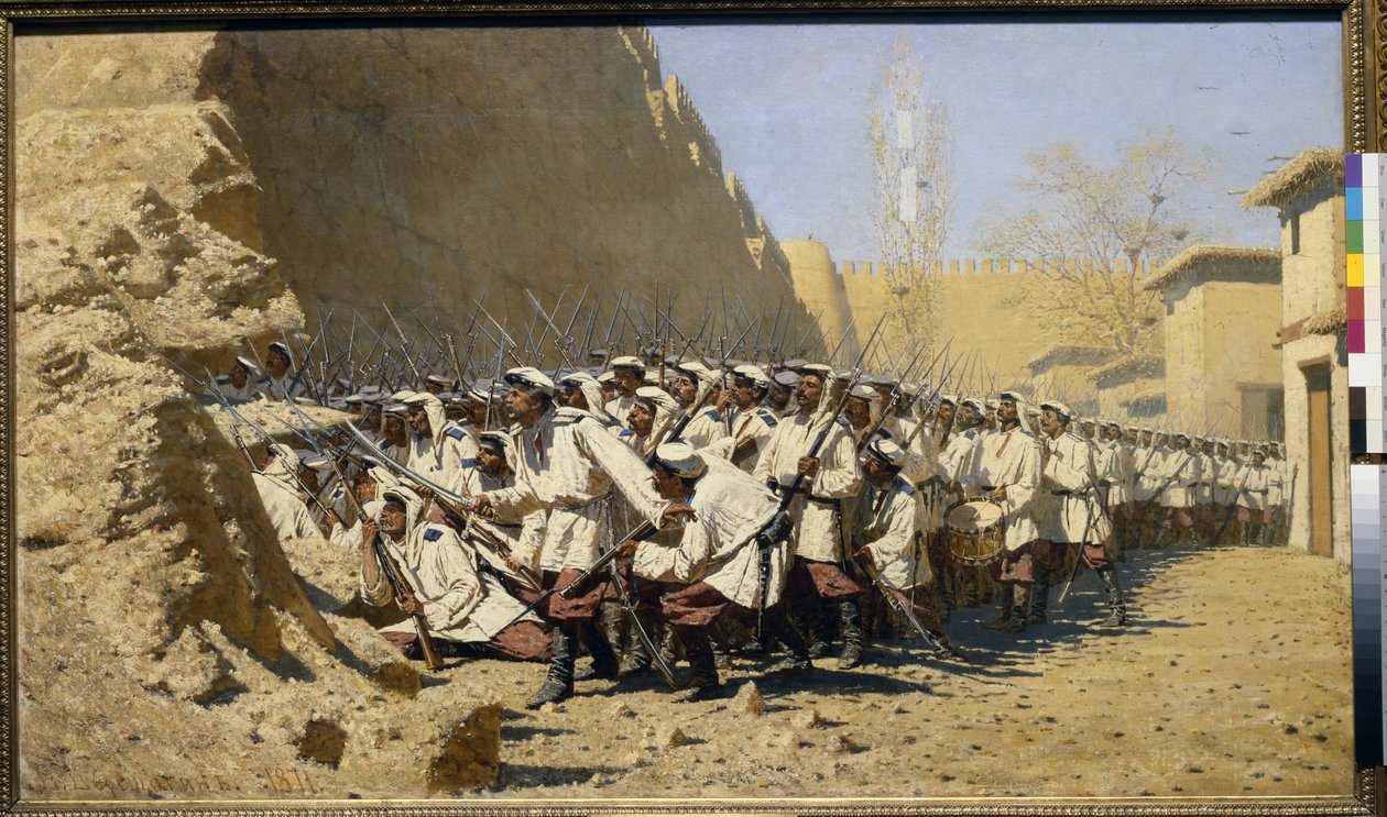 Do fortyfikacji Wpuść ich! (zbiór wojsk przed bitwą) (Pod murami twierdzy; Wpuść ich!) - Obraz Wasilija Wasiljewicza Vereshchagin (Vereshchagin) (1842-1904), olej na płótnie ( 95x160,5 cm) autorstwa Vasili Vasilievich Vereshchagin