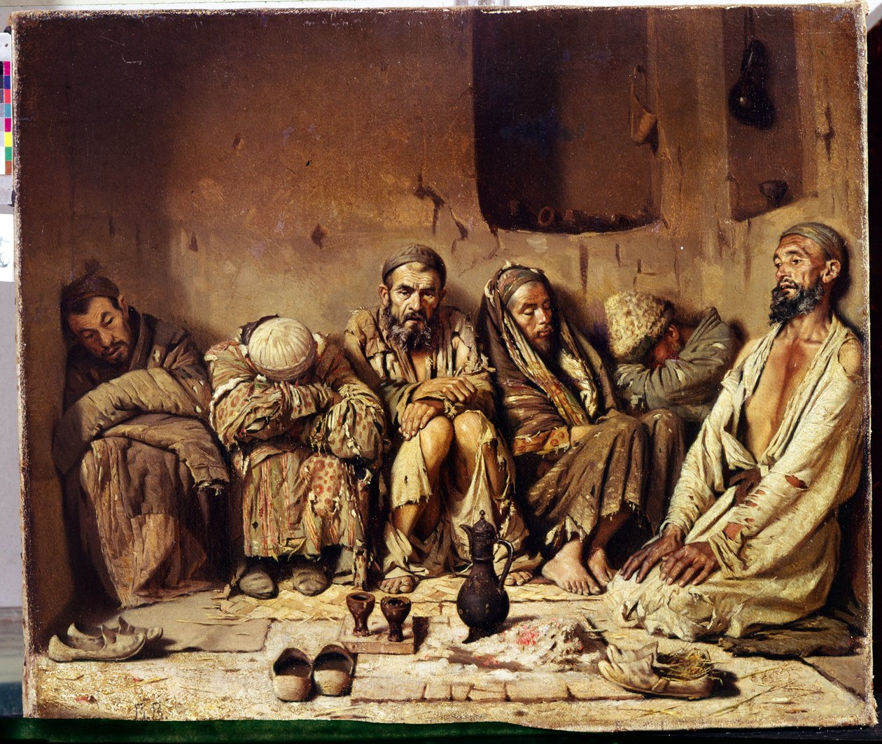 Orientalizm: palacze opium siedzą na ulicy na Bliskim Wschodzie (palacze opium). Obraz Wasilija Wasiljewicza Vereschagin (Vereshchagin, Vereshchagin) (1842-1904) autorstwa Vasili Vasilievich Vereshchagin