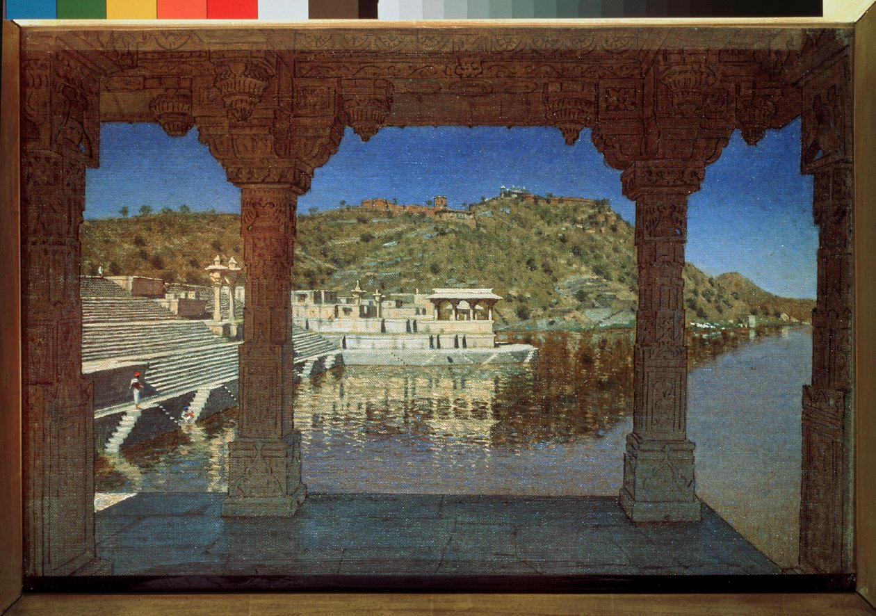 Radżastan (Indie), sur le lac a Udaipur (Radźasthan, nad jeziorem w Udaipur) - Obraz Wasilija Wasiljewicza Vereshchagin (Vassili Vereshchagin) (1842-1904), olej na płótnie autorstwa Vasili Vasilievich Vereshchagin
