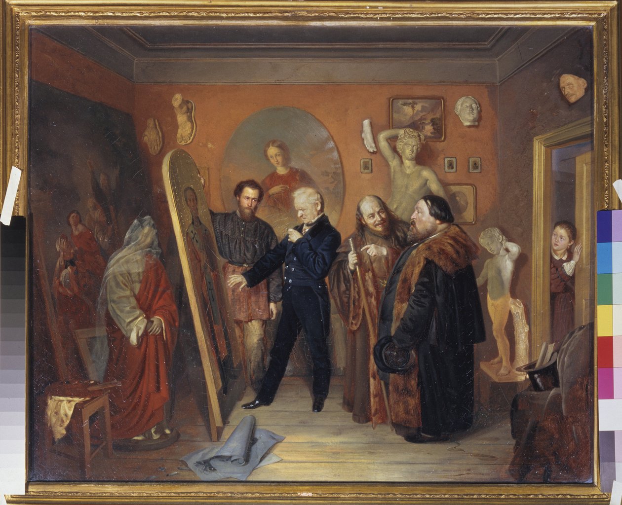 Pracownia malarza. Malarz pokazuje jeden ze swoich obrazów marszandom. Dziecko obserwuje scenę. Obraz Wasilija Władimirowicza Pukirewa (Vassily Pukirev) (1832-1890), olej na płótnie autorstwa Vasili Vladimirovits Pukirev