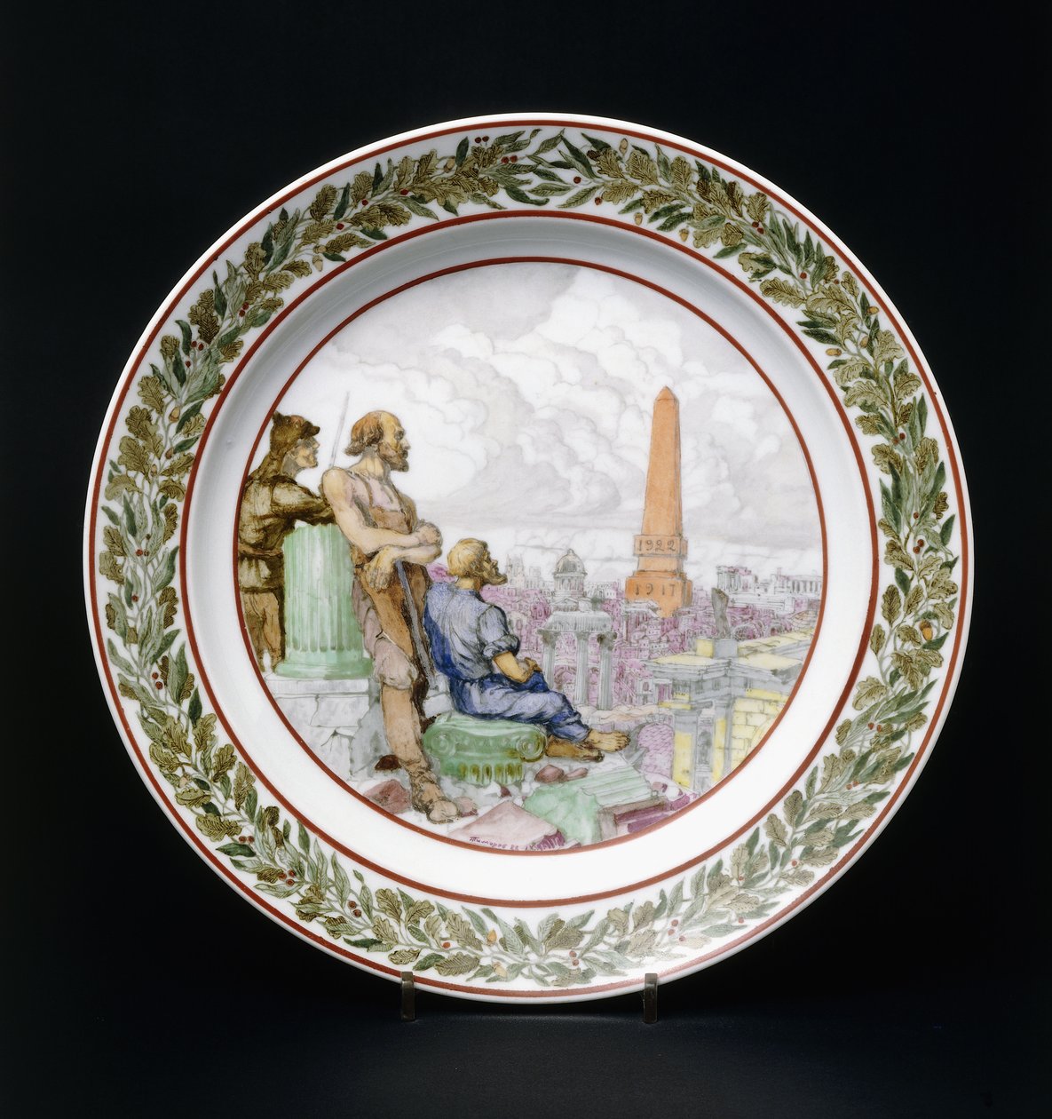 Sowiecka propagandowa porcelana przedstawiająca żołnierza Armii Czerwonej, robotnika i chłopa autorstwa Vasilii Timorev