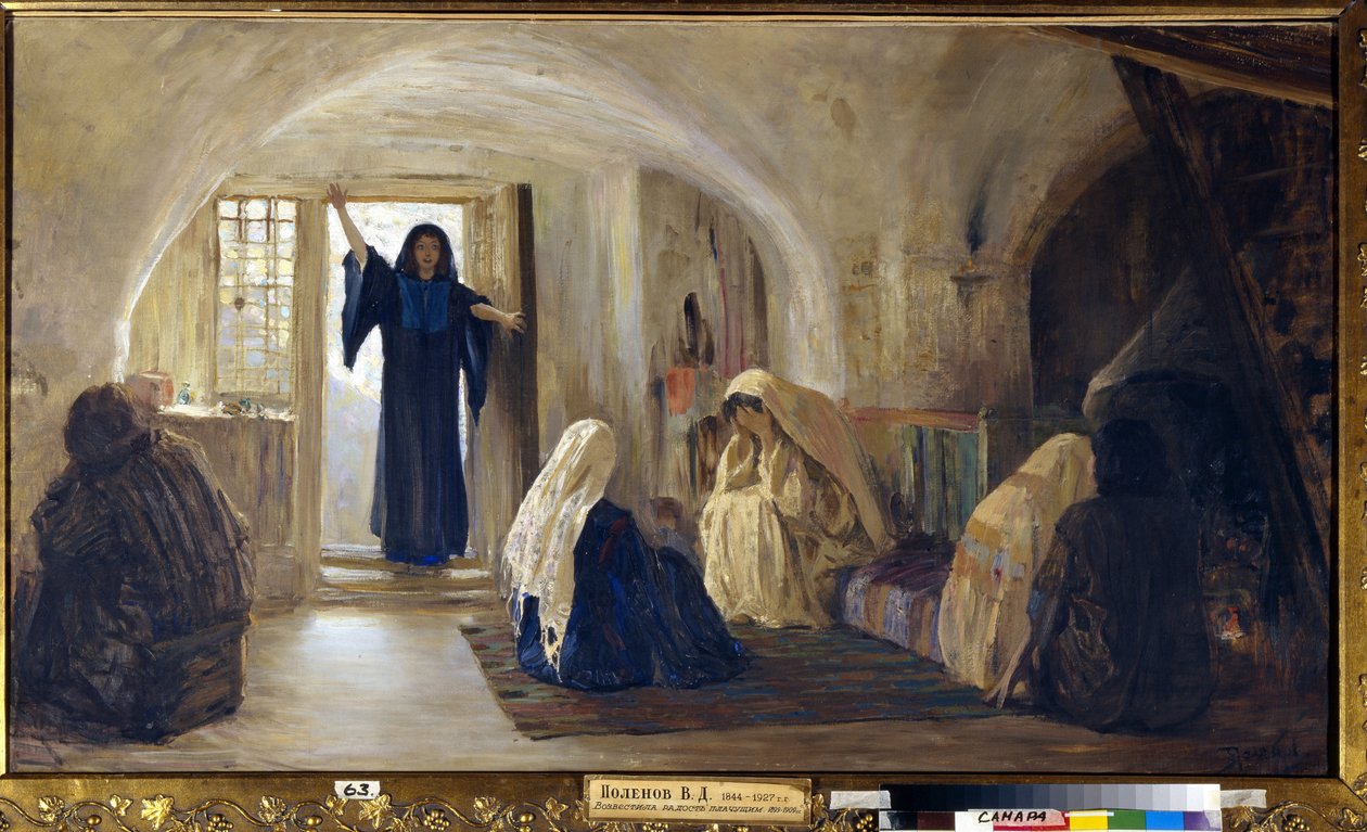 Wyzwolenie łez radości (promienna młoda kobieta wchodzi do domu, w którym wszyscy siedzą zasmuceni i płacząc) (Wprowadzony w płaczącą radość) - Obraz Vasilia Dmitrievicha Polenova (1844-1927), olej na płótnie (80x141 cm ),1899- 1905 - Państwo autorstwa Vasilij Dmitrievich Polenov