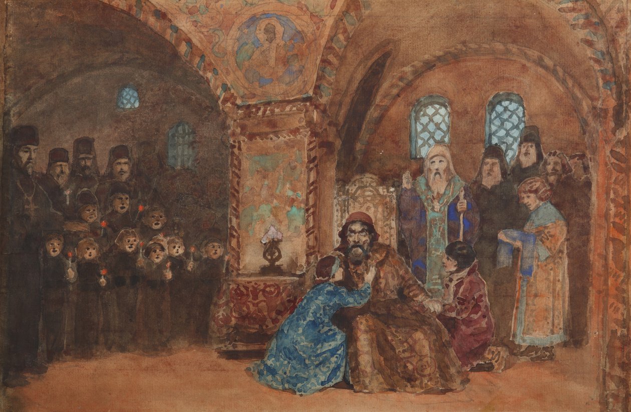 Scenografia do opery Borys Godunow M. Musorgskiego autorstwa Vasilij Dmitrievich Polenov