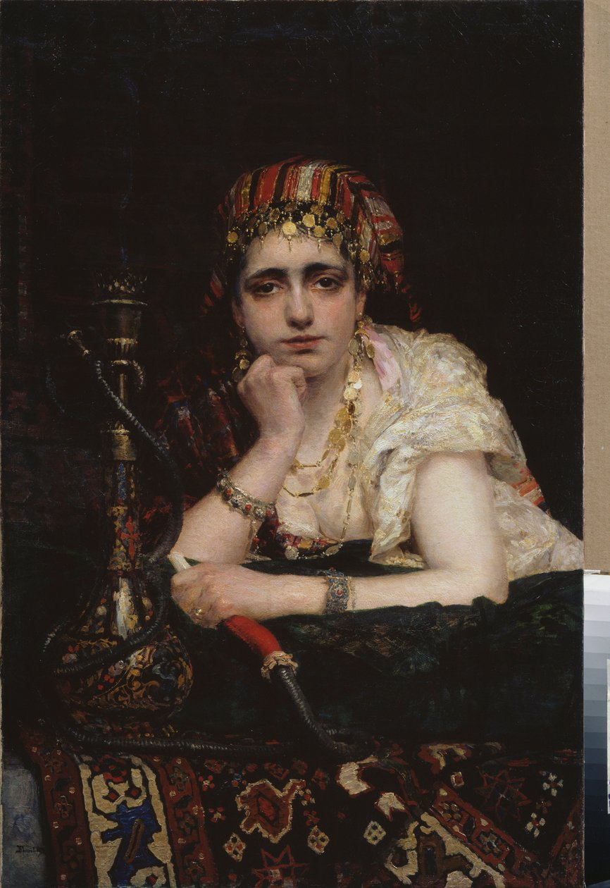 Odaliska. (Portret kobiety z haremu, o melancholijnym spojrzeniu, trzymającej fajkę wodną). Obraz Wasilija Dmitriewicza Polenova (1844-1927), olej na płótnie. XIX-wieczna sztuka rosyjska, orientalizm. Narodowe Muzeum Sztuki Republiki Białoruskiej, Mińsk (B autorstwa Vasilij Dmitrievich Polenov
