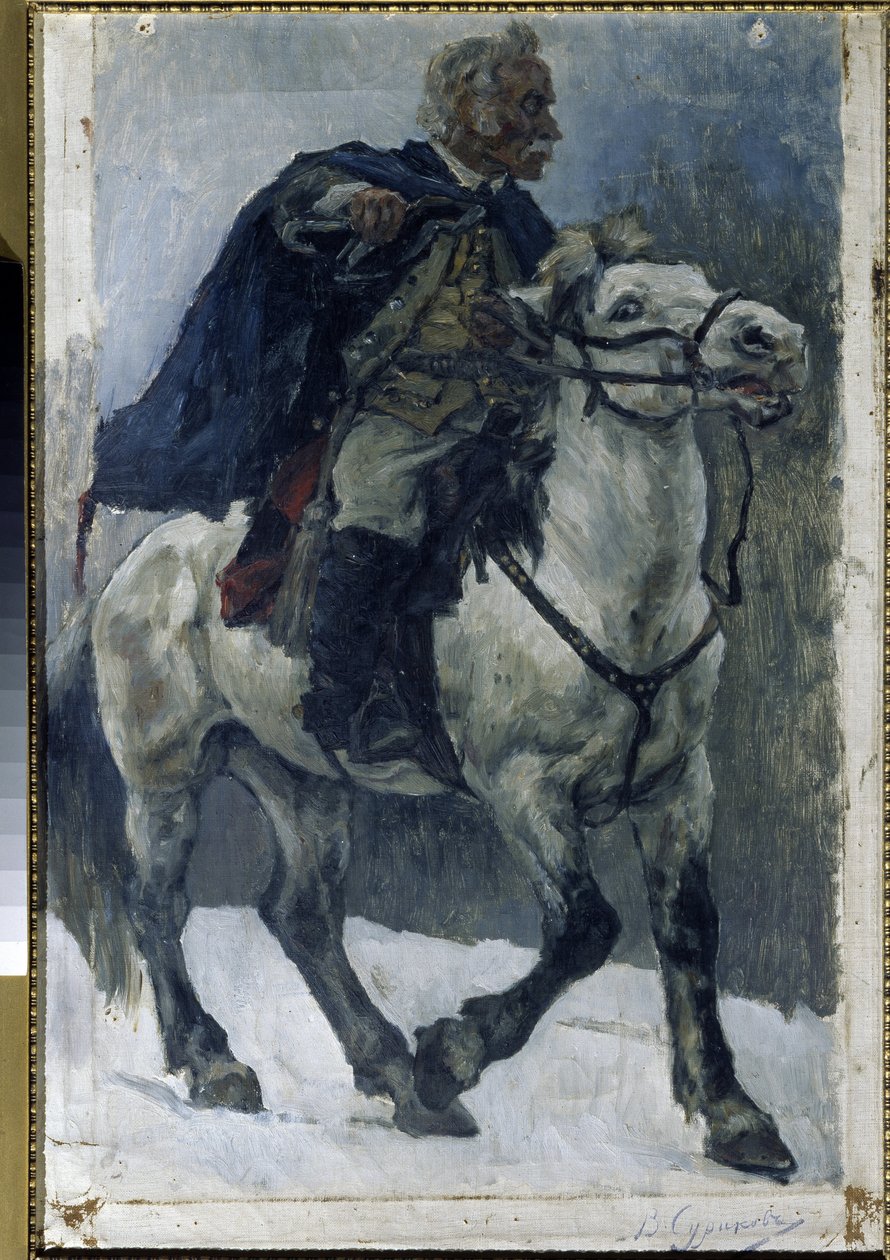 Aleksander Suworow (1729-1800) na koniu. (Aleksander Suworow na koniu). Rosyjski bohater jest opisywany, jak przemierza Alpy na czele wojsk rosyjskich podczas kampanii włoskiej (1799-1800). Obraz Wasilija Iwanowicza Surikova (Wasilij Surik autorstwa Vasilij Ivanovic Surikov