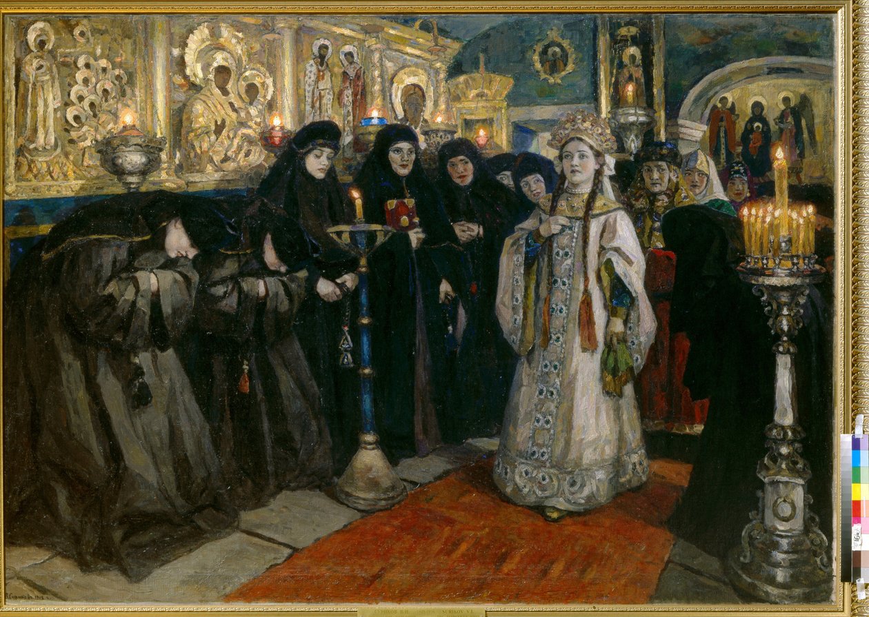 Wielka Księżna z wizytą w klasztorze. (Cariewna odwiedziła klasztor). Obraz Wasilija Iwanowicza Sourikowa (Wasilij Surikow lub Wasilij Surikow) (1848-1916), olej na płótnie autorstwa Vasilij Ivanovic Surikov