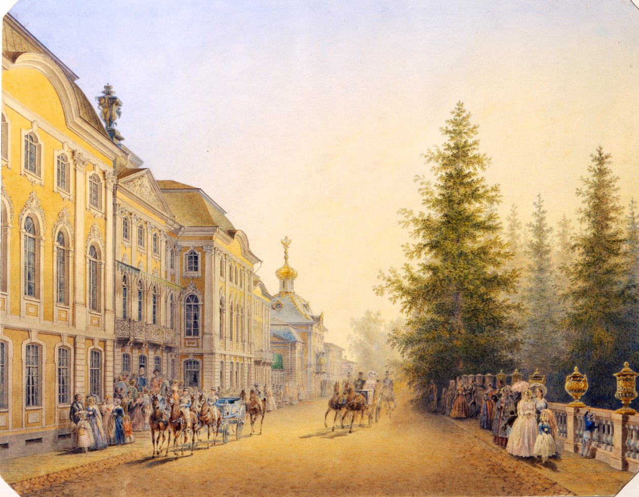 „Główne wejście do Wielkiego Pałacu w Peterhofie”, 1852 r. autorstwa Vasilij Semenovic Sadovnikov