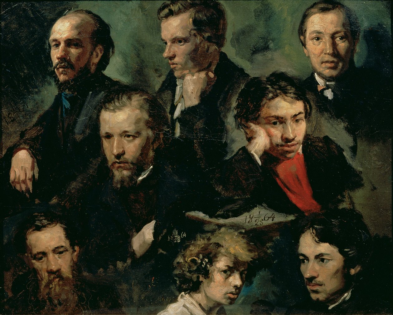Autoportret i portrety przyjaciół, 1864 autorstwa Vasily Maximov