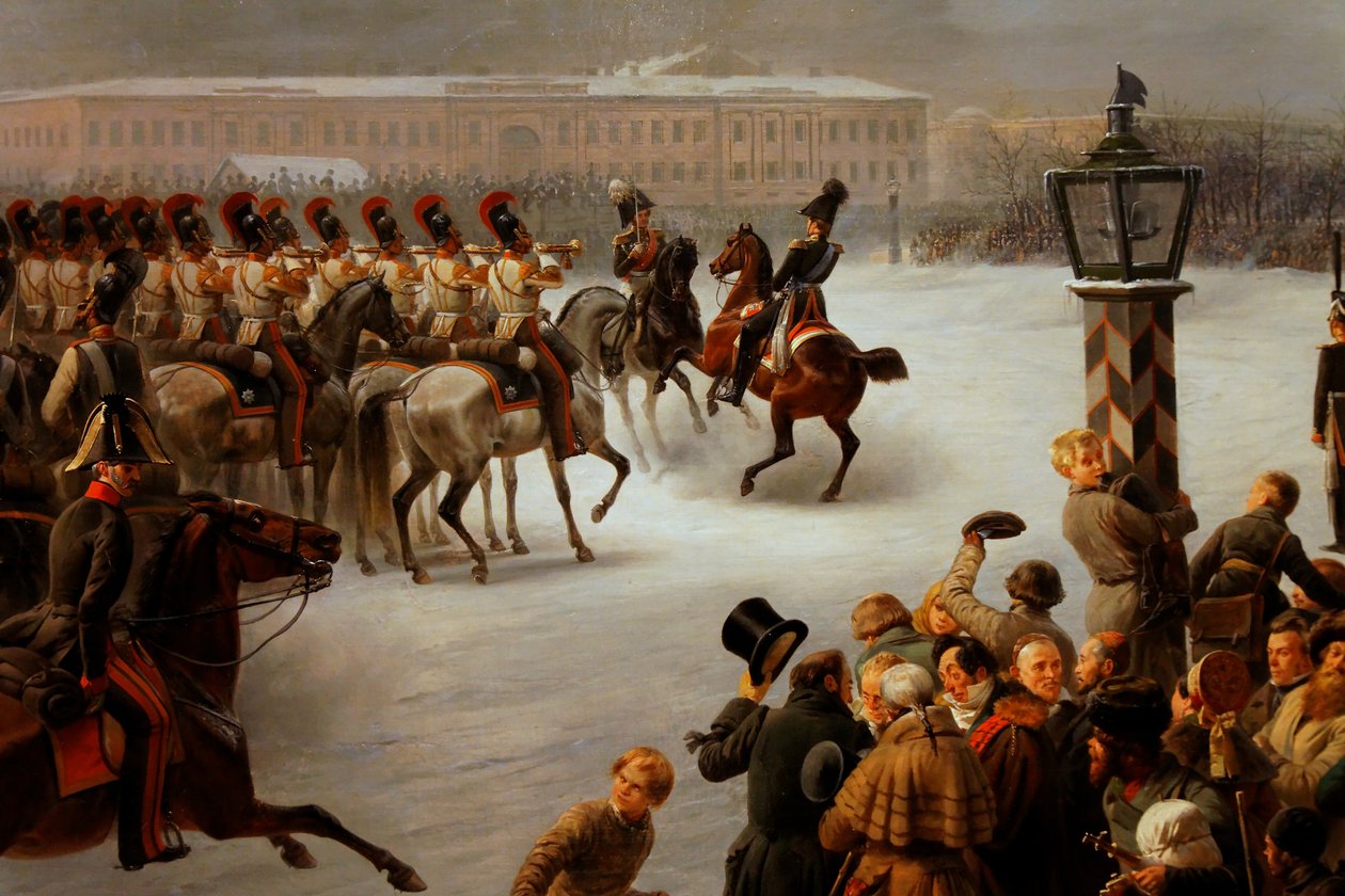 Atak na plac dekabrystów przez pułk gwardii konnej 14 grudnia 1825 r. autorstwa Georg Wilhelm Timm