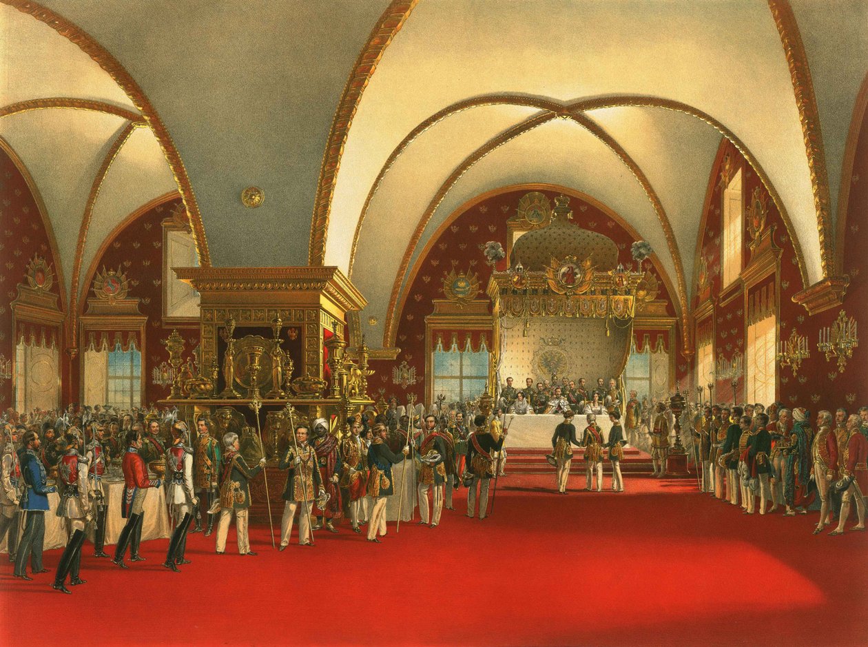 Bankiet koronacyjny cara Aleksandra II (1856) w głównej sali Pałacu Facetów autorstwa Georg Wilhelm Timm