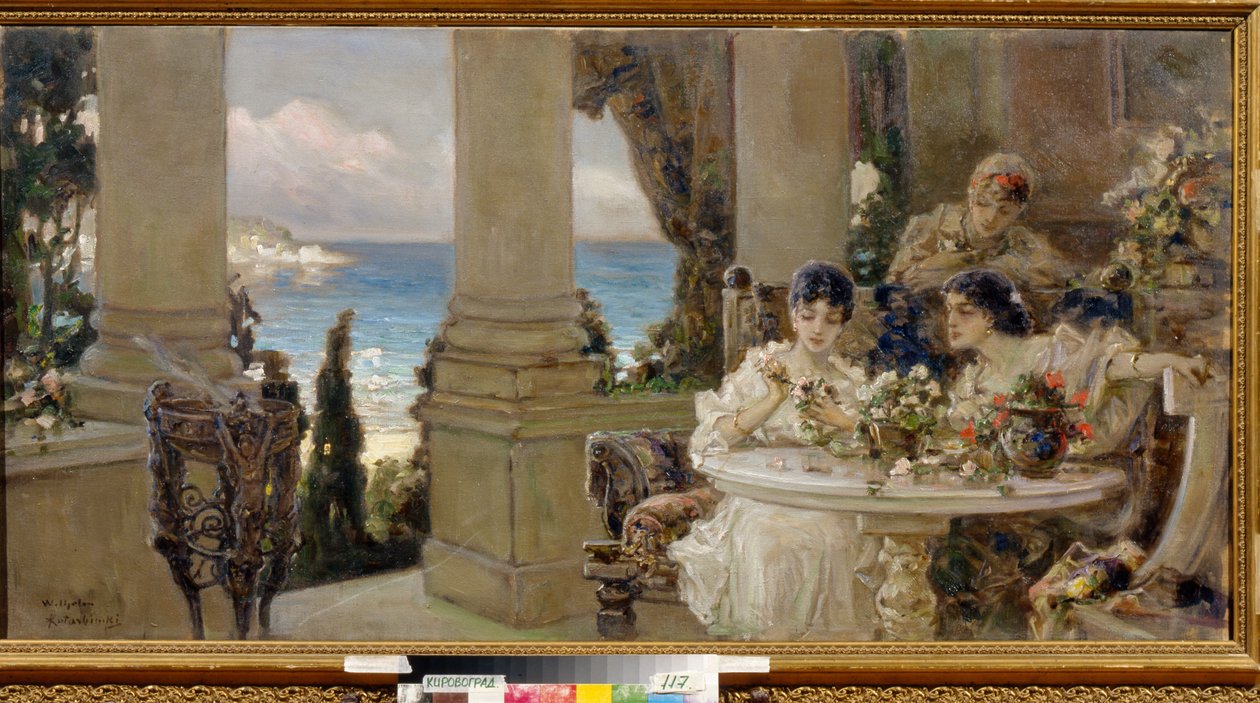 Sur la terrasse - Peinture de Vassili (Vasili, Vasilii, Wilhelm) Aleksandrowicz Kotarbinsky (Kotarbinski, Kotarbinskii) (1849-1921), huile sur toile - Na tarasie, Olej na płótnie Wasilija Aleksandrowicza Kotarbińskiego - Regionalne Muzeum Sztuki, Kirowohra autorstwa Vasily Alexandrovich Kotarbinsky