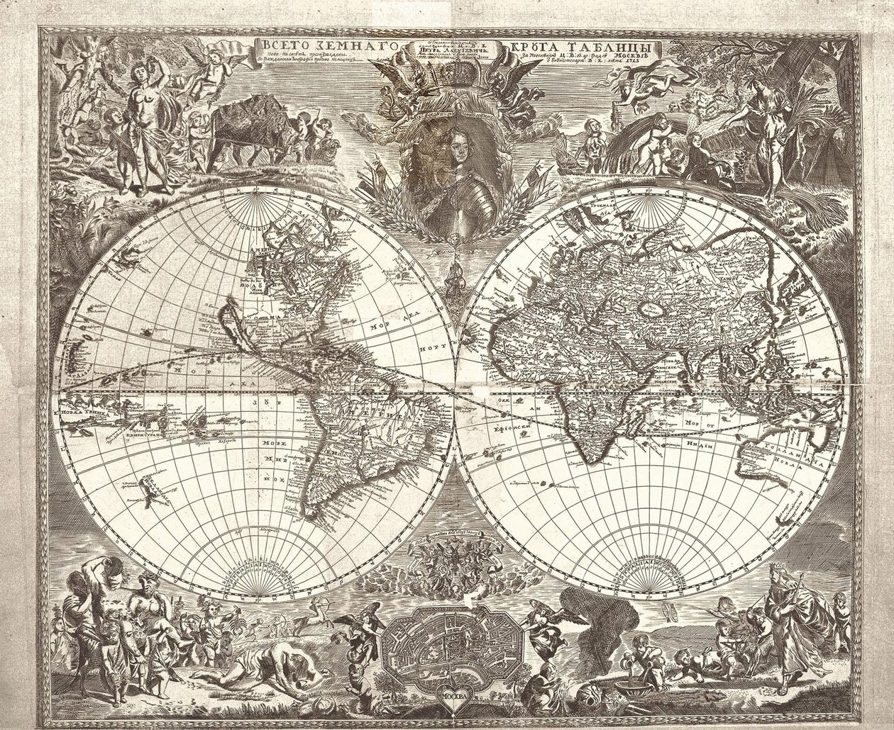 Podwójna mapa półkuli świata, 1713 autorstwa Vasily Anufrievich Kiprianov