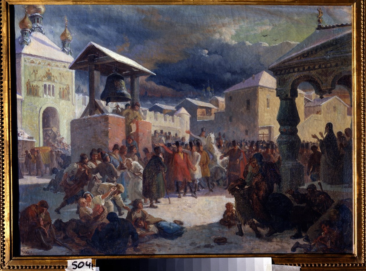 Veche (średniowieczne zgromadzenie ludowe krajów słowiańskich) w republice nowogrodzkiej (veche w republice nowogrodzkiej). Obraz Wasilija Grigoriewicza Chudiakowa (1826-1871). olej na płótnie autorstwa Vasily Grigorievich Khudyakov
