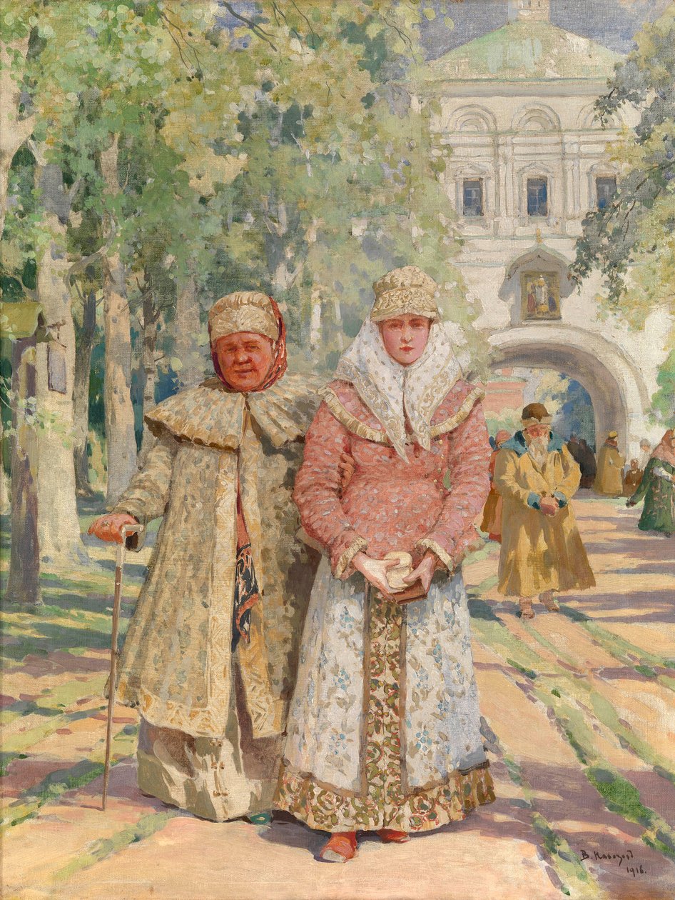Poza bramą klasztorną - Obraz Wasilija Iwanowicza Nawozowa (1862-1919), olej na płótnie (49x41,5 cm) autorstwa Vasily Ivanovich Navozov
