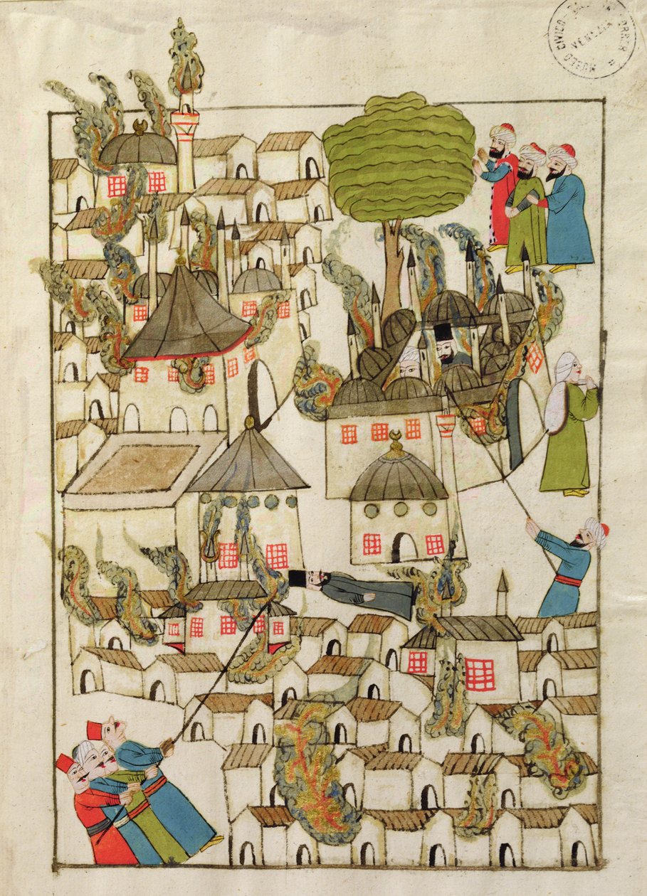 Ms. cicogna 1971, miniatura z „Memory Turchese” przedstawiająca wielki pożar w Konstantynopolu w 1660 r. autorstwa Venetian School