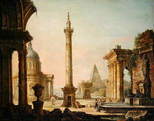 Wyimaginowany widok z pomnikiem w kolumnie (olej na płótnie) autorstwa Venetian School