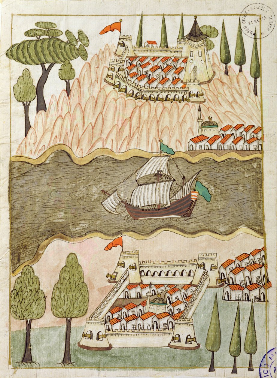 Pani cicogna 1971, miniatura z „Memory Turchese” przedstawiająca dwie wielkie fortece nad Bosforem (pióro i atrament na papierze) autorstwa Venetian School