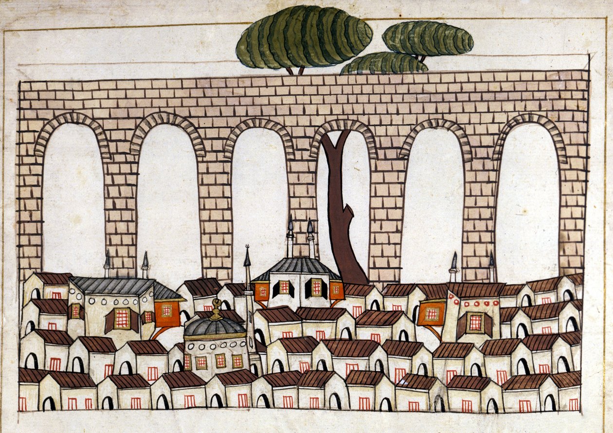 Widok na Konstantynopol i jego akwedukt. Miniatura z „Miejsc pamięci tureckich” (kodeks Cicogna 1971 „Memorie Turchesche”) Akwarela z XVII-wiecznej szkoły weneckiej. autorstwa Venetian School