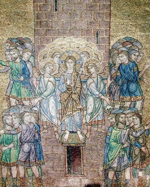 Wieża Babel, fragment Chrystusa i świętych rozpraszających robotników autorstwa Byzantine School