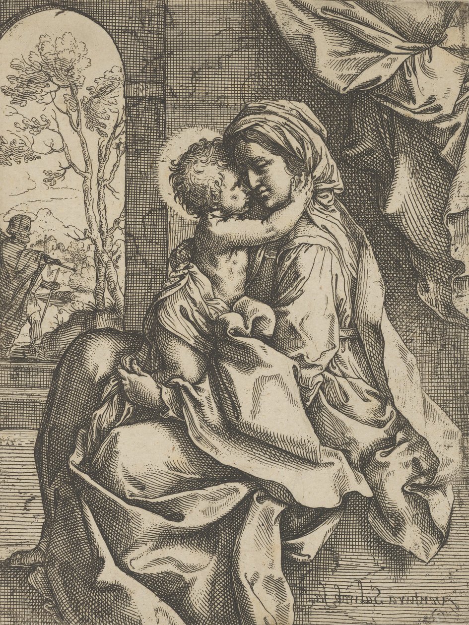 Siedząca Dziewica z Dzieciątkiem Jezus na kolanach, które ją obejmuje, Józef widział..., ok. godz. 1600-1613. autorstwa Ventura Salimbeni