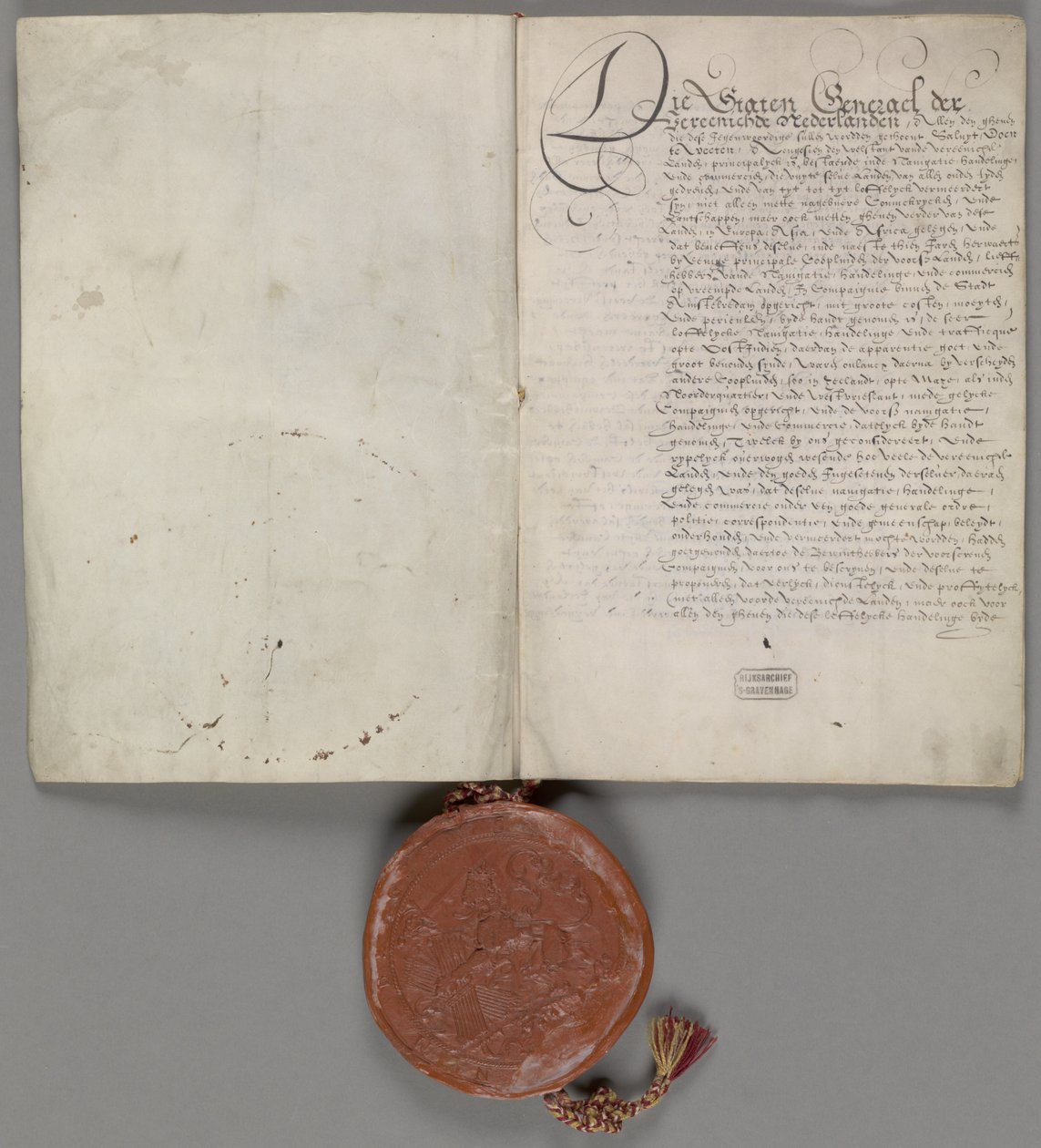 Patent Stanów Generalnych na wyłączność handlu na wschód od Przylądka Dobrej Nadziei i na zachód od Cieśniny Magallanes na okres 21 lat 1602 1 czarter autorstwa Verenigde Oostindische Compagnie