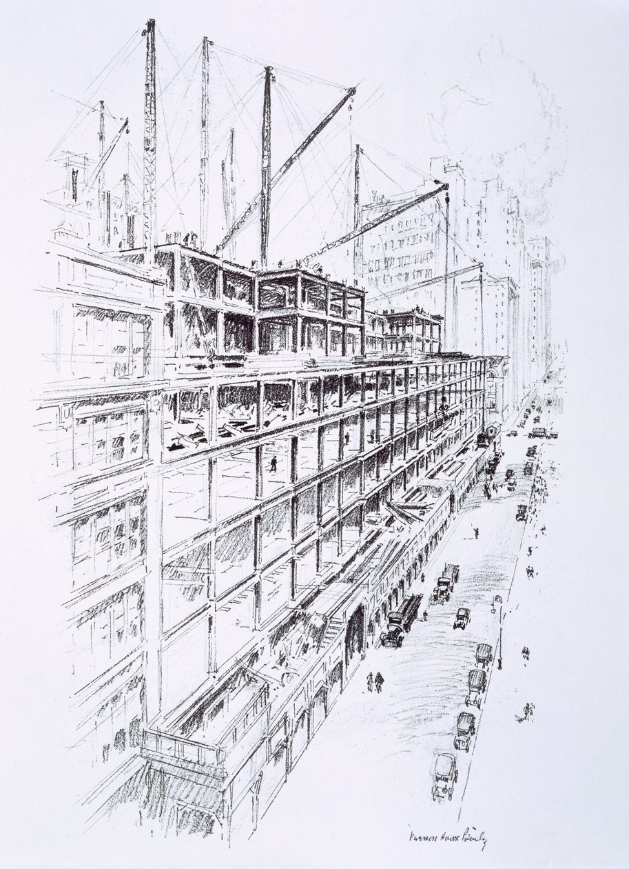 Widok dźwigów na 8. piętrze Empire State Building, maj 1930 r., opublikowany przez Williama Edwina Rudge