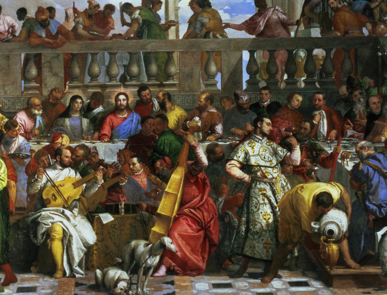 Uczta weselna w Kanie, fragment muzyków i psów, ok. 1562 olej na płótnie fragment 94932 autorstwa Paolo Veronese