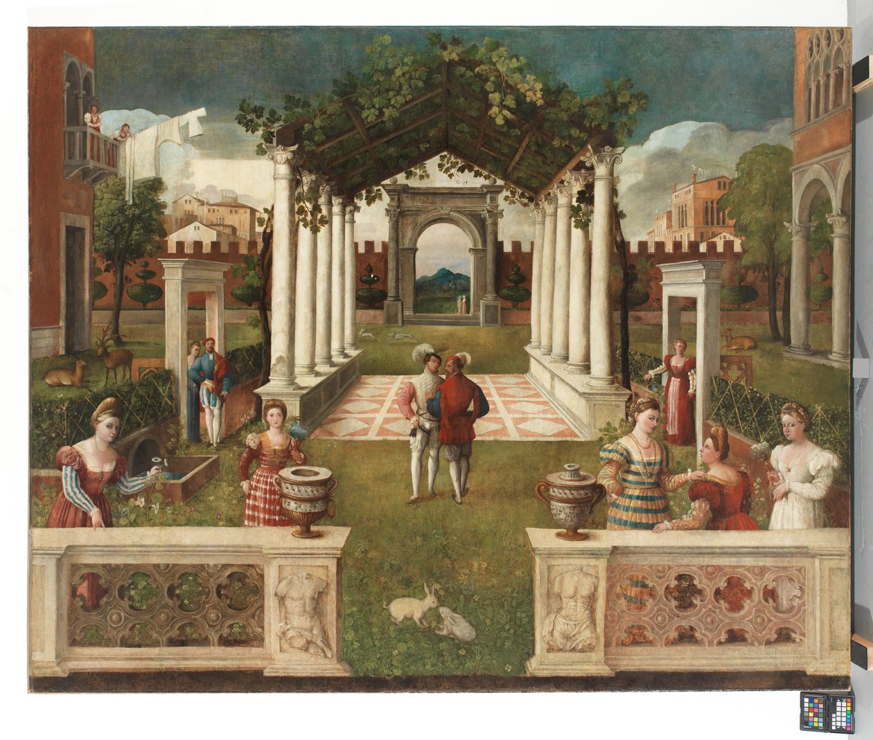 Klasyczny ogród architektoniczny z eleganckimi figurami, za nim górzysty krajobraz, ok. 1530 (olej na płótnie) autorstwa Veronese School