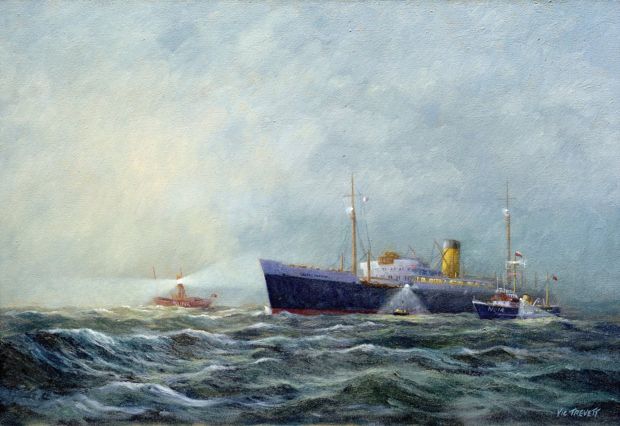 Pathfinder (dwumiejscowa motorówka), opuszczający samolot przed latarnią morską (łódź latarni morskiej) u wybrzeży Harwich (Anglia). Olej na płótnie autorstwa Vic Trevett () autorstwa Vic Trevett