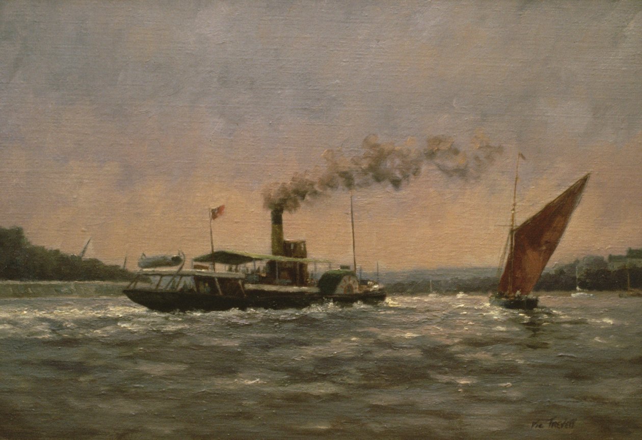 Past on the Medway (z odrestaurowanym parowcem, zamek Kingswear) autorstwa Vic Trevett
