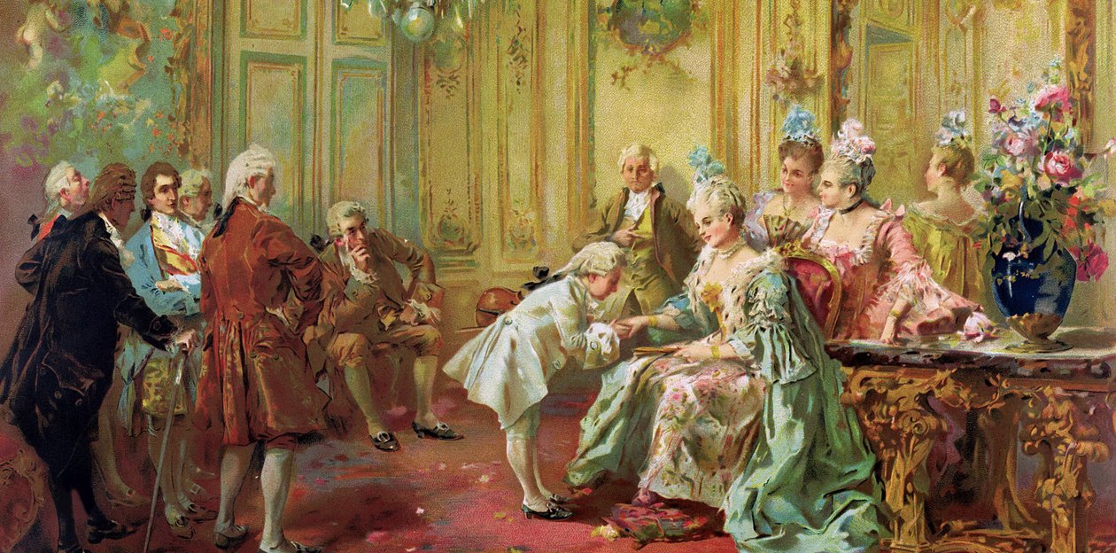 Wolfang Amadeus Mozart (1756-1791) w Madame (markiza) de Pompadour (rodzina Mozarta, podczas europejskiego tournée) (1763-1766) - Sztuka akademicka: Prezentacja młodego Mozarta Madame de Pompadour w Wersalu w 1763 przez Paredesa, Vincente Gar autorstwa Vicente Garcia de Parades