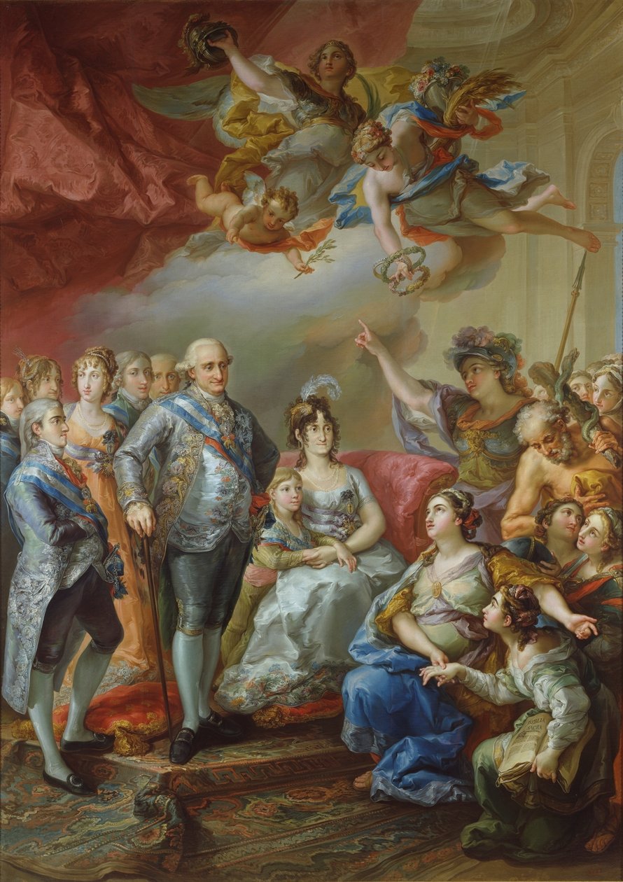 Hiszpański: Upamiętnienie wizyty Karola IV i jego rodziny na Uniwersytecie w Walencji w 1802 roku. Miejski Uniwersytet Literacki podarował monarsze ten obraz przedstawiający sam uniwersytet, uosabiany przez młodą matronę, przedstawiającą autorstwa Vicente López Portaña