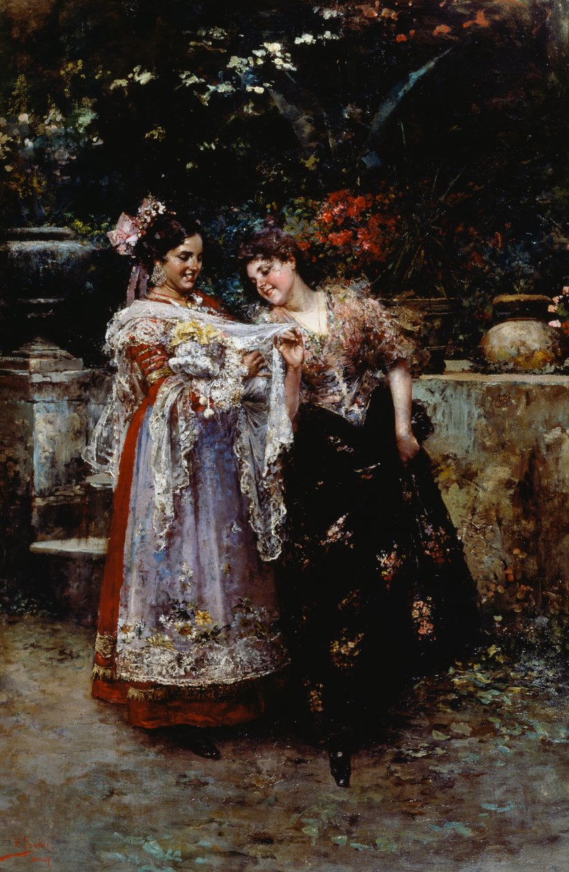 Piękna koronka (Dwie kobiety z noworodkiem), Vincenzo Irolli (1860-1949), olej na płótnie autorstwa Vicenzo Irolli