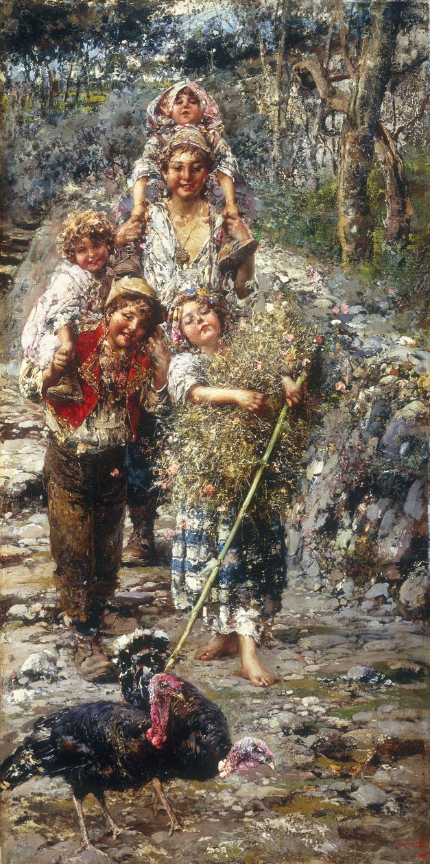 Dzieci z indykami (olej na płótnie) autorstwa Vicenzo Irolli