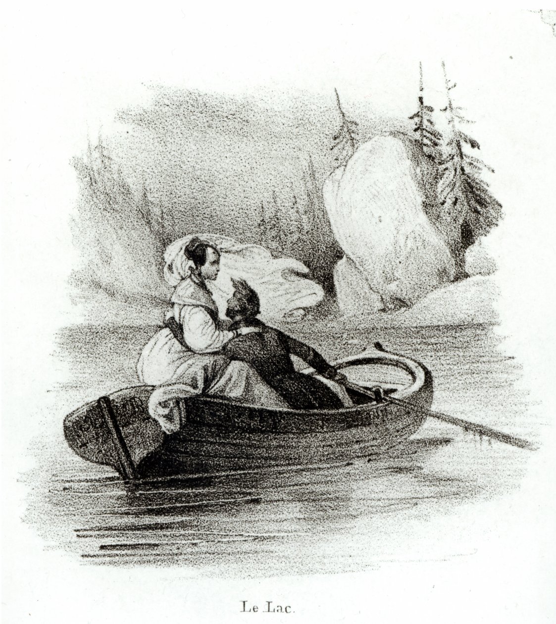 Alphonse de Lamartine (1790-1869) i Elvire nad jeziorem w Bourget, grawerowane przez Alfreda Lemercier autorstwa Victor Adam