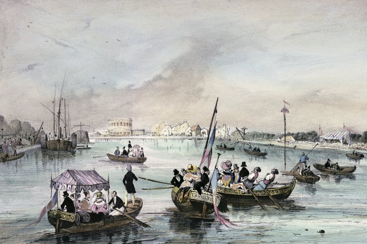 Pojedynek na wodzie, „Lokalne festyny wokół Paryża”, seria, 1830, La Villette autorstwa Victor Adam