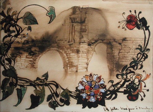 Stary most w Vianden, 1871 (pióro i atrament oraz toaleta na papierze) autorstwa Victor Hugo
