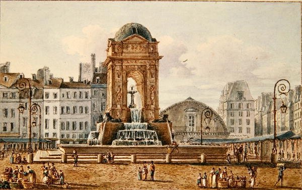 Widok na plac i fontannę w Marche des Innocents, Paryż, ok. 1810 (wc na papierze) autorstwa Victor Jean Nicolle