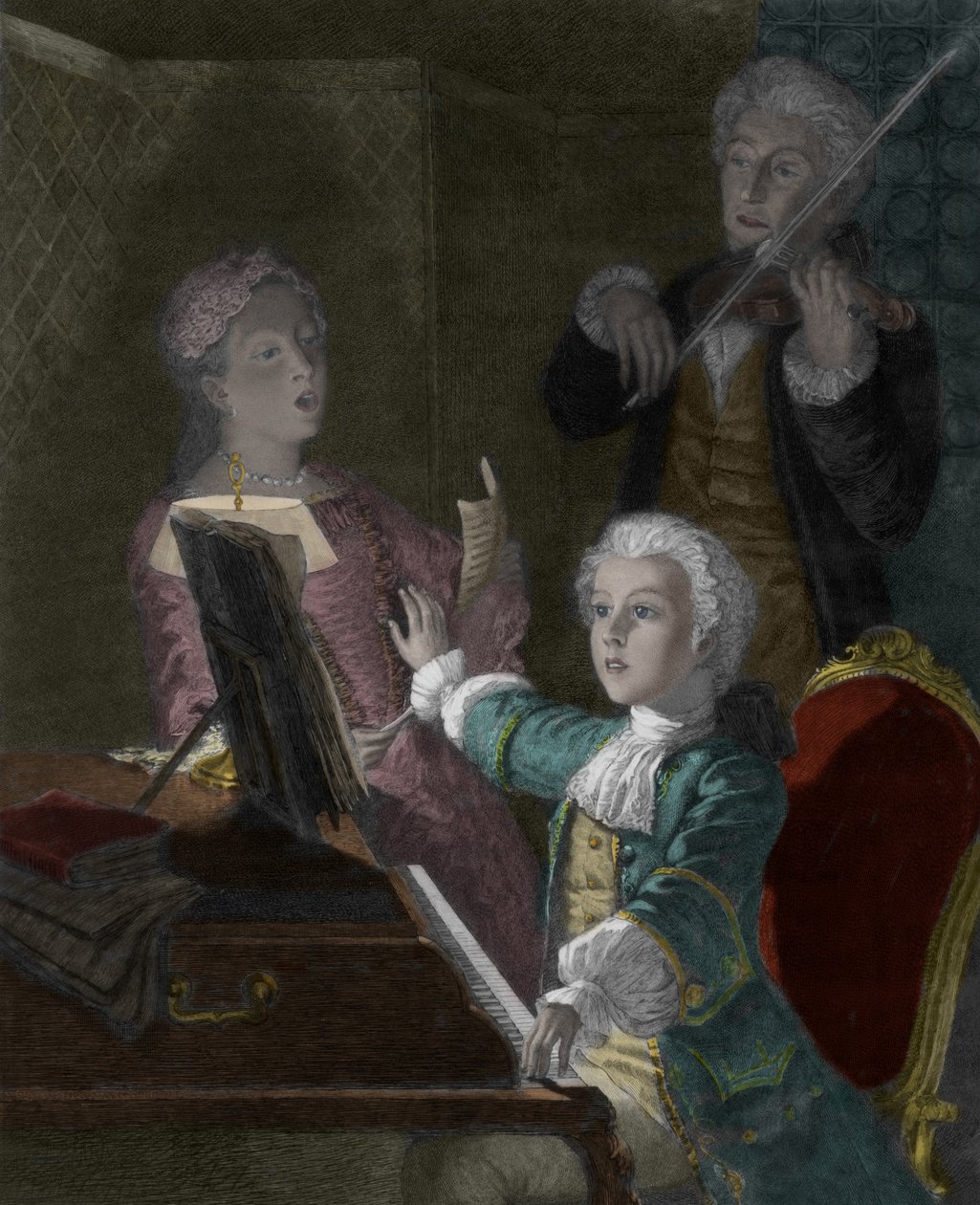 Wolfgang Amadeus Mozart z ojcem, Leopoldem i siostrą, Marie-Anne autorstwa Victor Louis Focillon