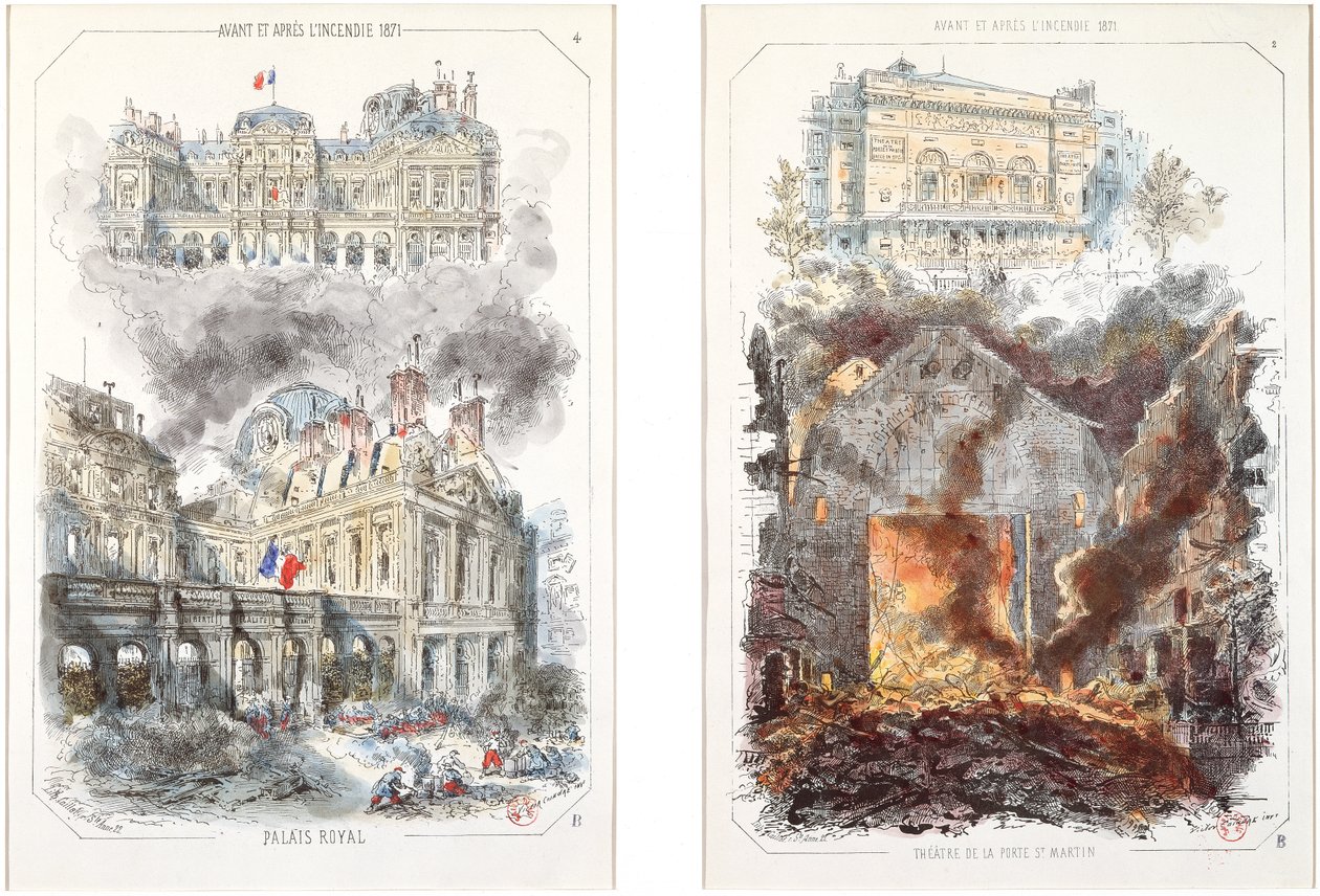 Palais Royal i Teatr Porte Saint-Martin przed i po pożarze w 1871 roku autorstwa Victor after Coindre