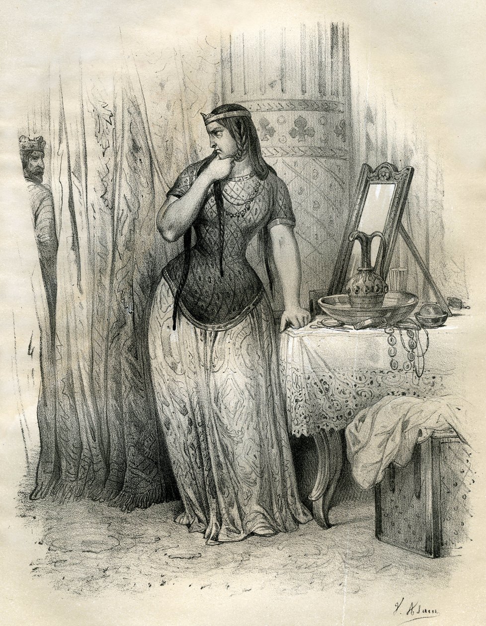 Brunehaut (lub Brunehilde, v.534-613) Królowa Austrazji w 567 r., żona króla Sigeberta (lub Sigheberta). Po jego śmierci z energią zarządzała królestwem. Jego rywalizacja z Frenegonde, królową Neustrii, spustoszyła ich państwa. Livree do Clotaire (Cloth autorstwa Victor Adam