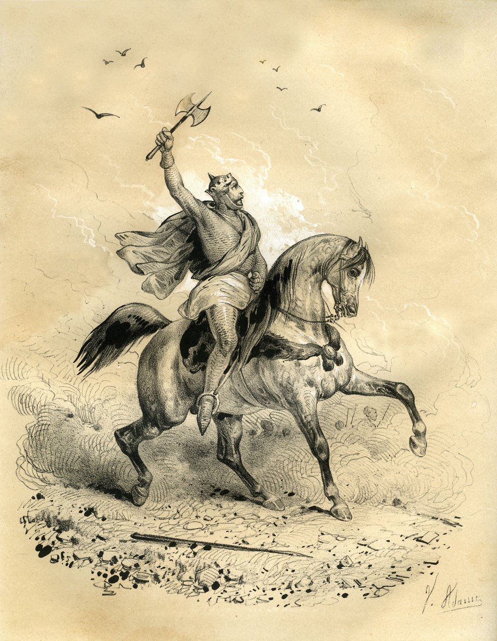Karol Martel (688-741) zwyciężył wojska arabskie w Poitiers w 732 roku. Rycina autorstwa Victora Adama (1801-1866) w książce "Francja w średniowieczu" opublikowanej przez braci Ardant w połowie XIX wieku. autorstwa Victor Adam