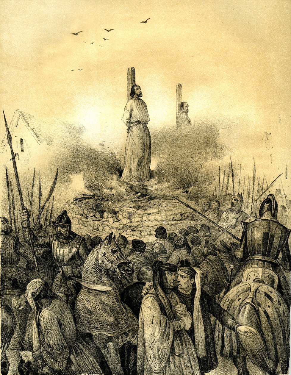 Śmierć na rzeźni Jacquesa de Molay (Molai) (1243-1314), ostatniego wielkiego mistrza zakonu templariuszy (1298). Philippe le Bel kazał go aresztować (1307), torturować i uwięzić, a następnie spalić żywcem wraz z dowódcą Normandii, Geoffroyem de Charnem. autorstwa Victor Adam