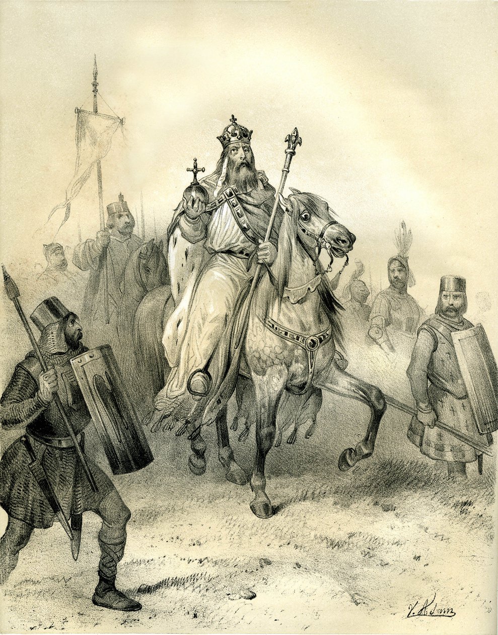 Cesarz Karol Wielki, noszący emblematy władzy, jedzie na czele swoich żołnierzy w zbrojach. Rycina autorstwa Victora Adama (1801-1866) w książce "Francja w średniowieczu" wydanej przez braci Ardant w połowie XIX wieku. autorstwa Victor Adam